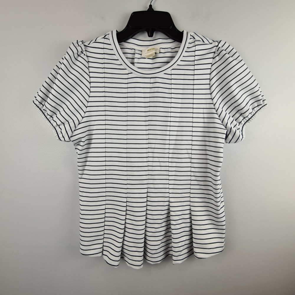 Maeve Anthropologie Womens S Striped Pleated Puff Sleeve Knit Top White Black
